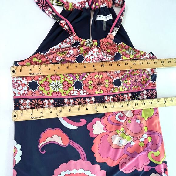 Trina Turk Floral Halter Mini Dress Sz 4 Lined Pink Navy Peach Retro Stretch - Picture 9 of 11